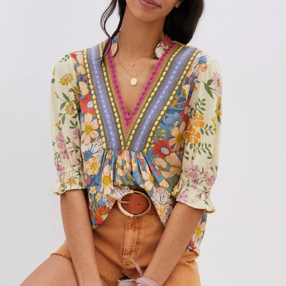 Bl^nk London x Anthropologie Stephanie Blue Green Floral Blouse (K1)